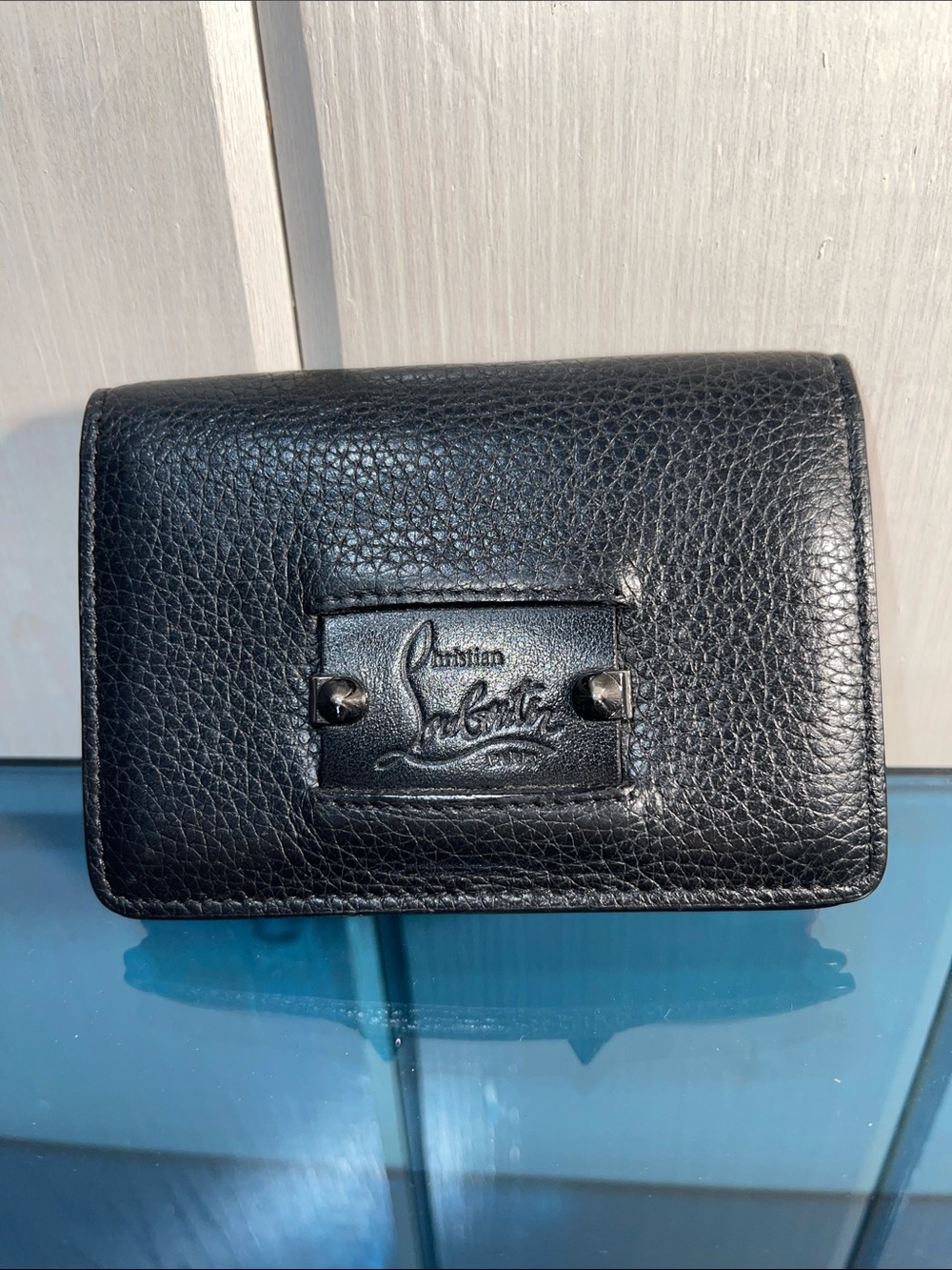 Christian Louboutin Black Pebble-Grain Leather Card Wallet EUC COA
